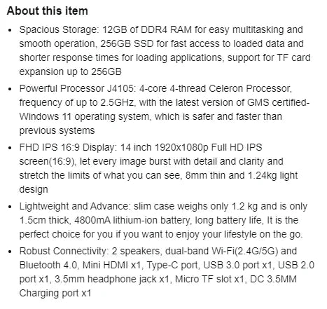 14 Inch  Windows 11 Computer Laptop PC 12GB LPDDR4 RAM 256GB SSD ROM  4-Core Processor WIFI 1080p FHD IPS Screen with Celeron