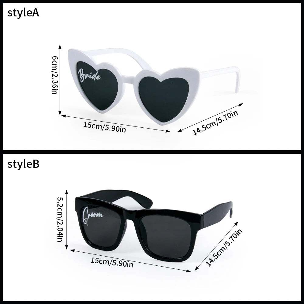 2pcs Bride groom Sunglasses Wedding Decoration Black White Heart Shaped Glasses Bachelorette Party Supplies Bridal Shower Favors