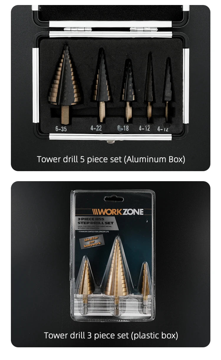 HSS Straight Fluted Pagoda Step Drill 3Pcs  5Pcs 6Pcs Cloth Bag Hex Shank Reamer Bit Set Titanium Coated Wood Metal Hole