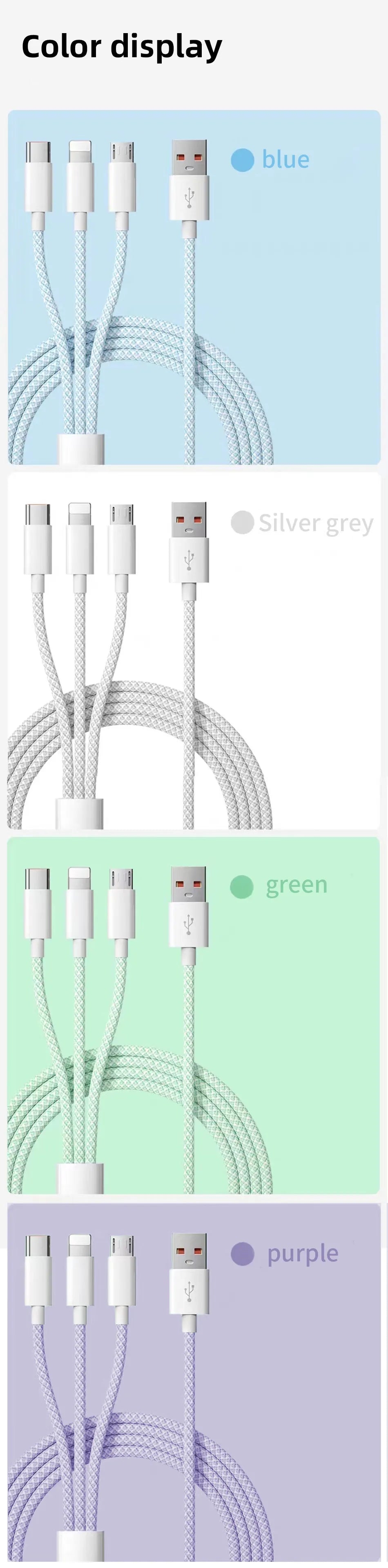 66W 3 In 1 Fast Charging Cable 6A Micro USB Type C Data Cable For Xiaomi Super Fast Charger Nylon Braid Cable 1.2M/2M/3M