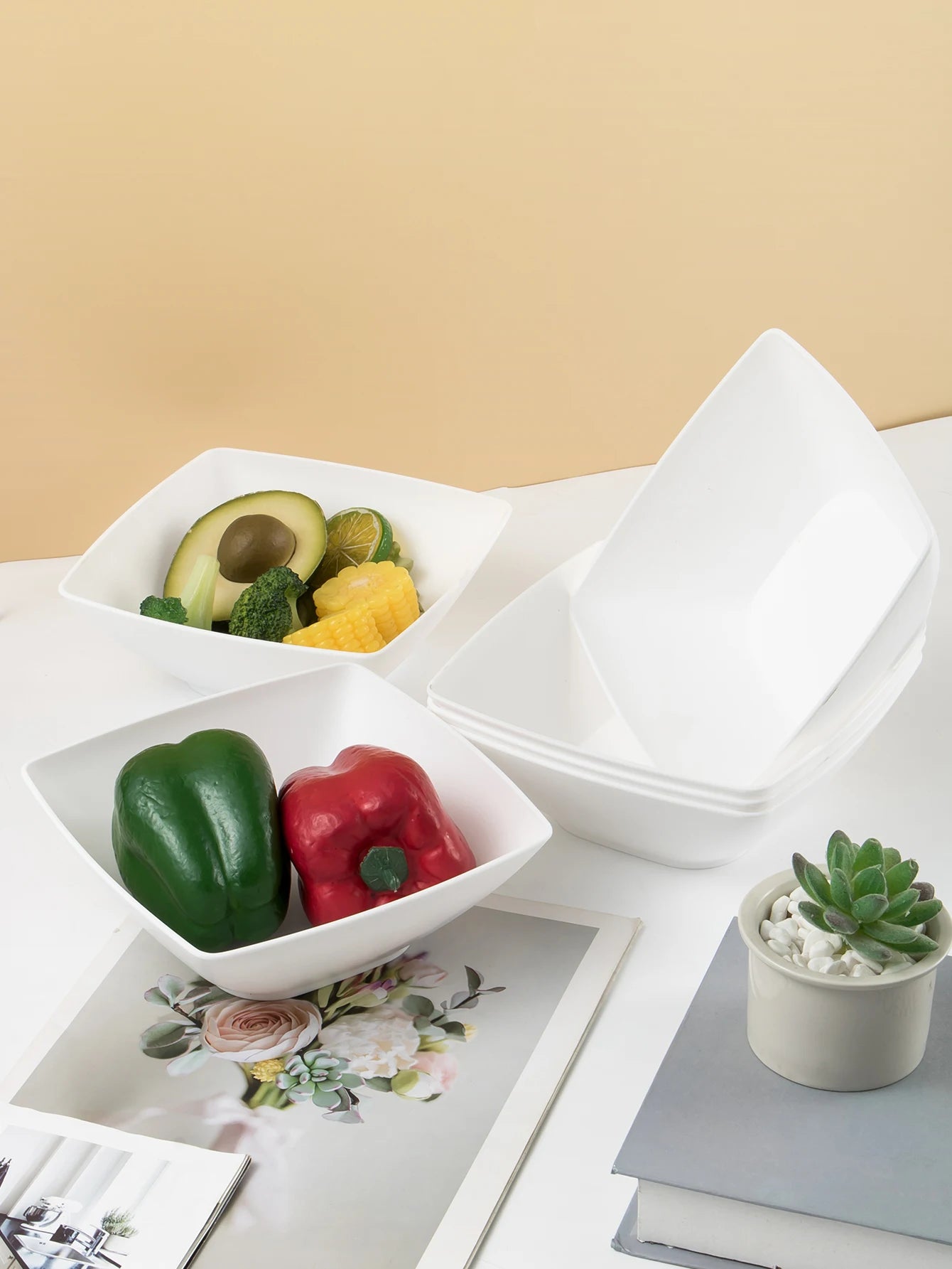 2/6/12pcs Large size plastic white square bowl reusable household plastic tableware can be used for soup noodles oatmeal salad
