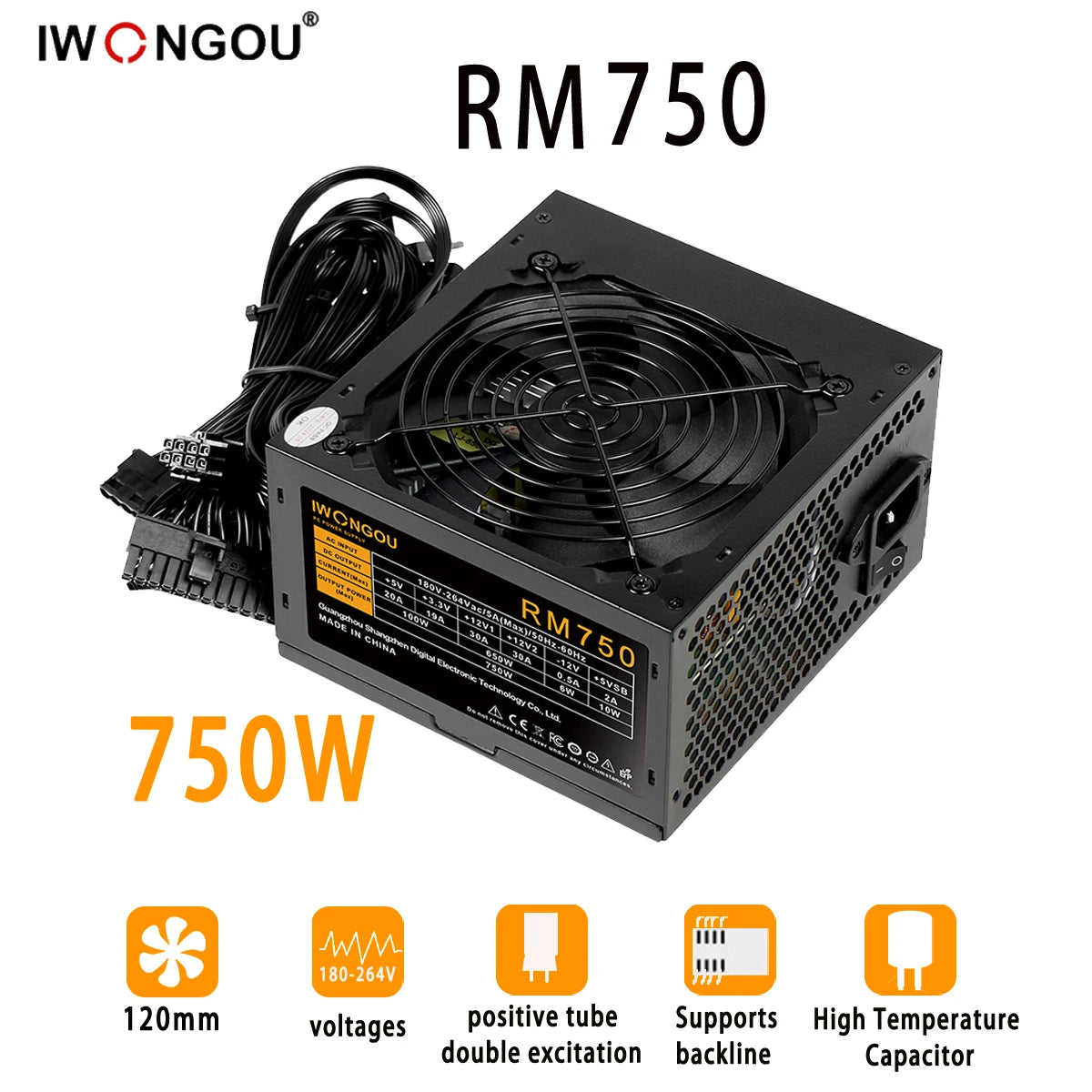 IWONGOU PC Power Supply Unit 500W 600W 750W Black Gaming Quiet 120MM 24pin 12V ATX Desktop Computer Power Supply for BTC