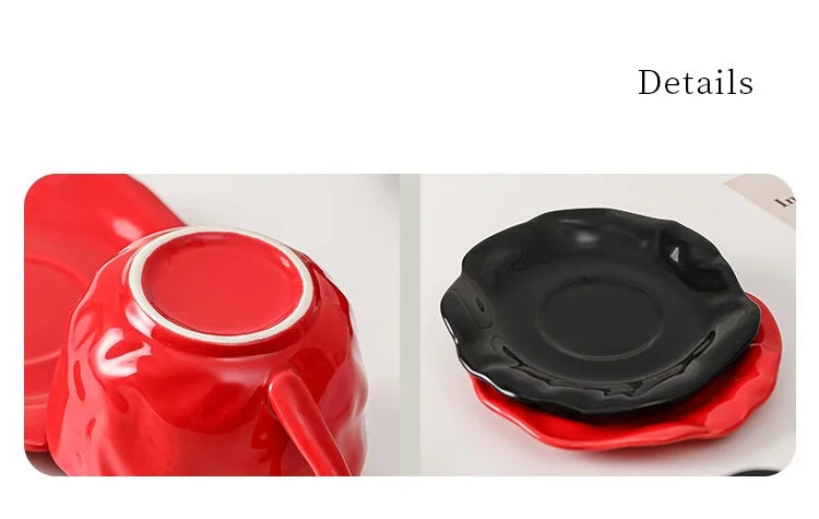 200ml Black Red Macaroon Creative Hand Squeezed Pinched Ceramic Coffee Mug Cup With Saucer For Cafe Restaurant Table Decor 1 PC