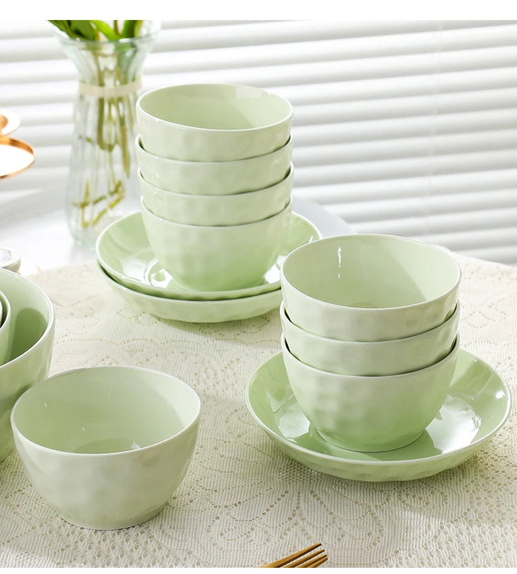 Household Solid Ceramic Rice Bowls 4.5 inch New Soup Tableware Cream Style Green Creative Underglaze Colour Instant Noodles Bowl
