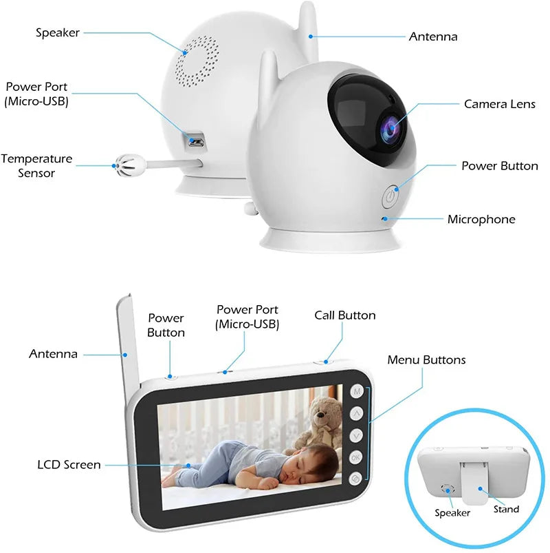 4.3 Inch Baby Monitor with 2000mAh Long Battery Life Video Wireless Camera and Audio Intercom Auto Night Vision Kids Babysitter