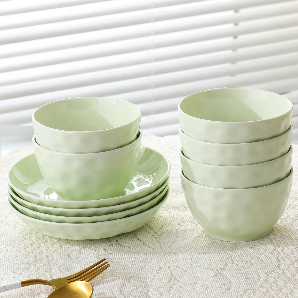 Household Solid Ceramic Rice Bowls 4.5 inch New Soup Tableware Cream Style Green Creative Underglaze Colour Instant Noodles Bowl