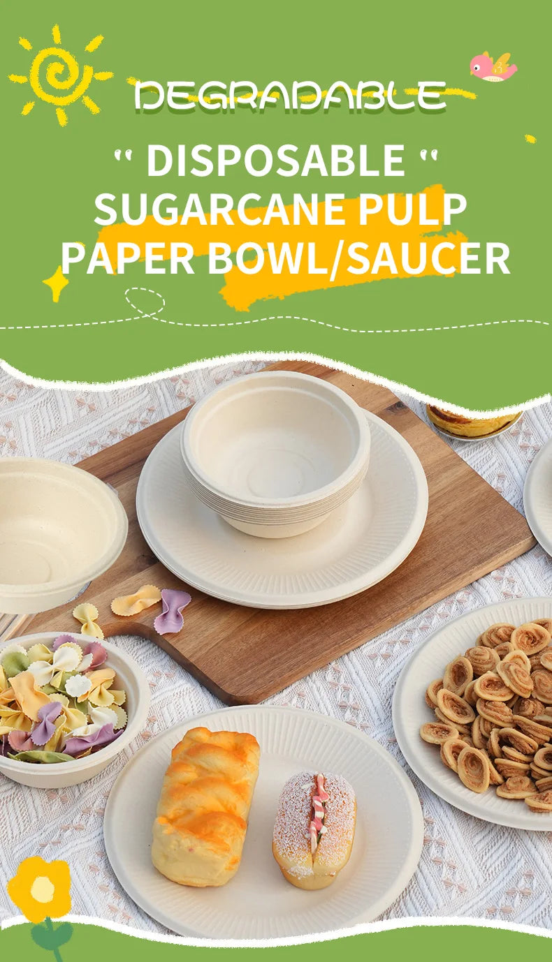 20/40pcs Disposable Paper Bowls Natural Sugarcane Paper Soup Bowls Desserts Fruit Salads Food Containers Party Dinner Plate Set