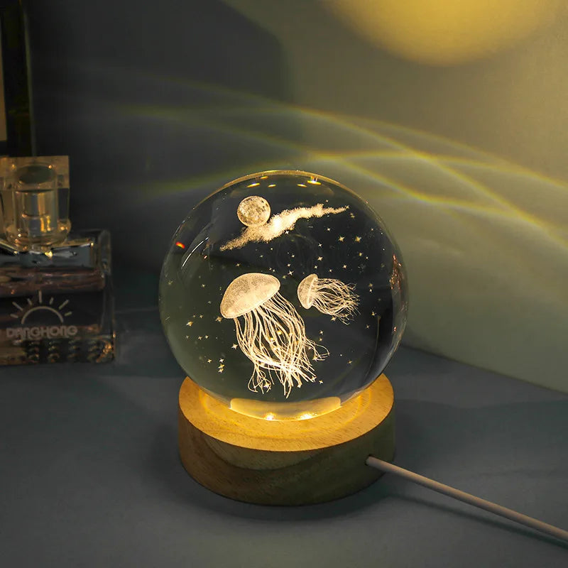 3D Jellyfish Laser engraved crystal ball LED night light,  birthday girlfriend classmate wife children christmas day gift