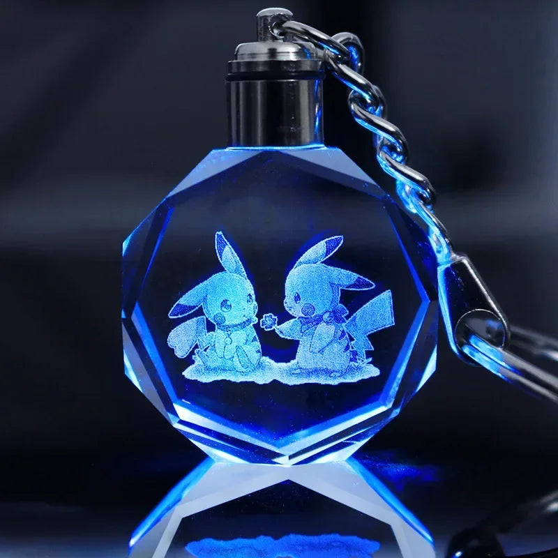 Pokemon Pikachu 3D Luminous Keychain Charizard Mewtwo Figures Toy Crystal Doll Night Light Metal Pendant Kid Birthday Gift