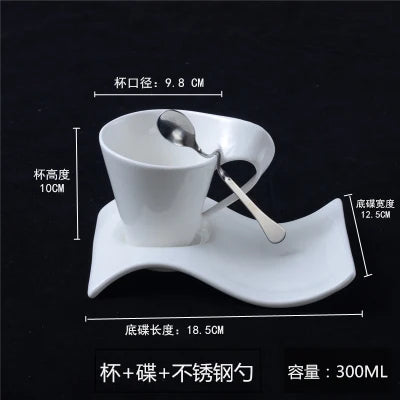 European Wave Porcelain Coffee Cup and Saucer Set White Ceramic Coffee Cup Breakfast Cup with Saucer Modern Home Decoration