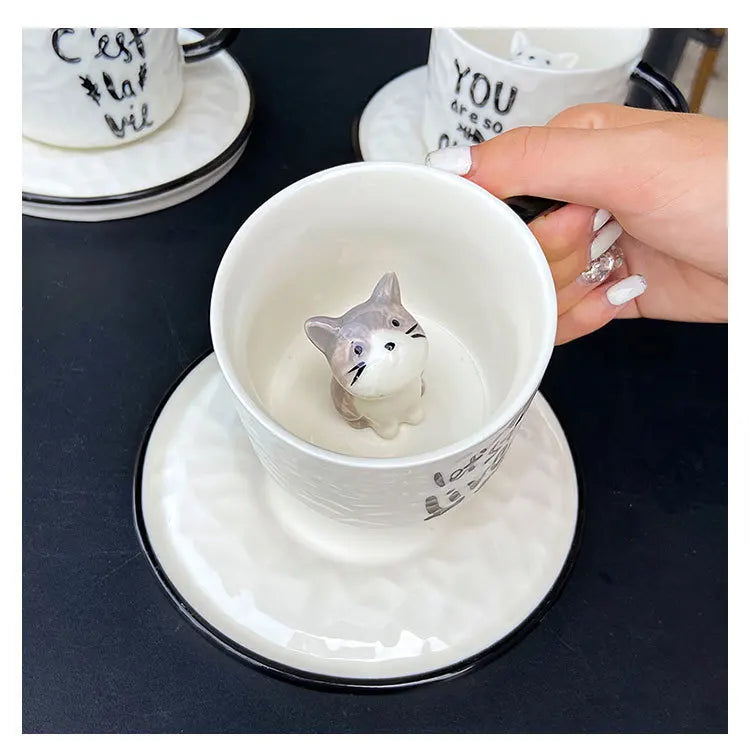 Creative Cartoon Relief Ceramic Cup Animal Inside Mug Kitty Cat Coffee Cup Milk Coffee Mug with Tray
