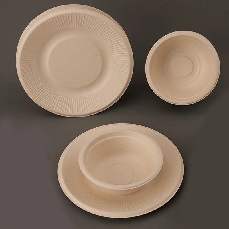 20/40pcs Disposable Paper Bowls Natural Sugarcane Paper Soup Bowls Desserts Fruit Salads Food Containers Party Dinner Plate Set