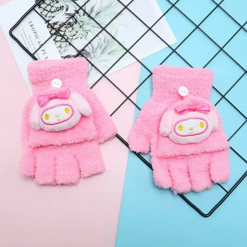 Sanrio Kuromi Childrens' Gloves Kawaii Hello Kitty Y2k Knitted Half-finger Flip Gloves Handwrite Melody Cartoon Cute Students'