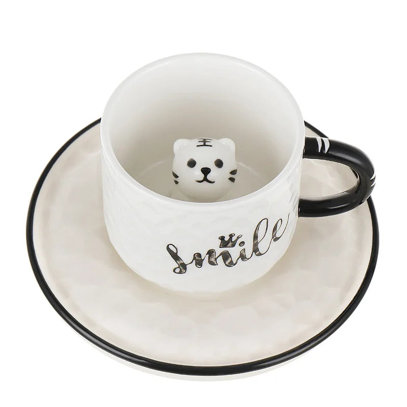 Creative Cartoon Relief Ceramic Cup Animal Inside Mug Kitty Cat Coffee Cup Milk Coffee Mug with Tray