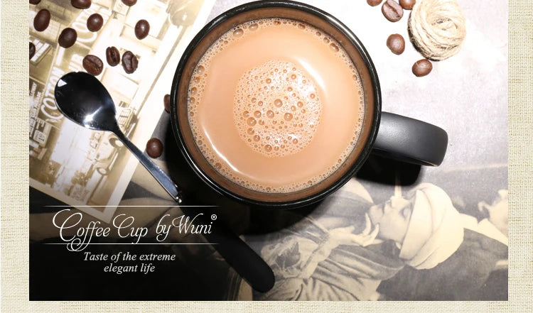 400/420/450/520ml European Ceramic Black Matte Large Capacity Mug High End Creative Simple Matte Coffee Cup with Spoon Water Cup