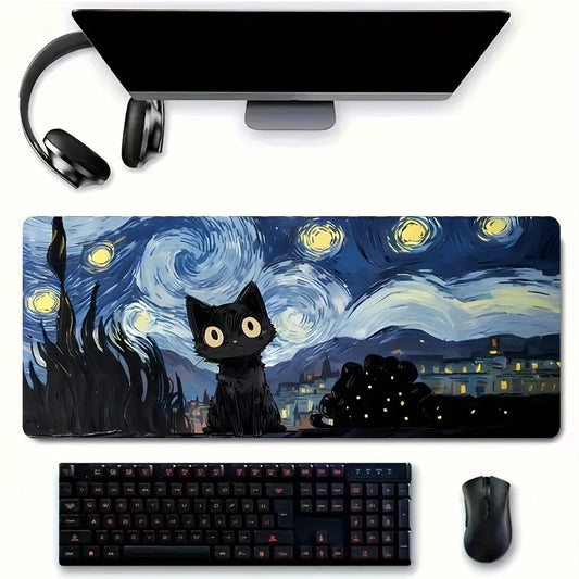Starry Night mouse pad with cute black cat, study and office use, office accessories, rectangular workstation pad - durable, wat