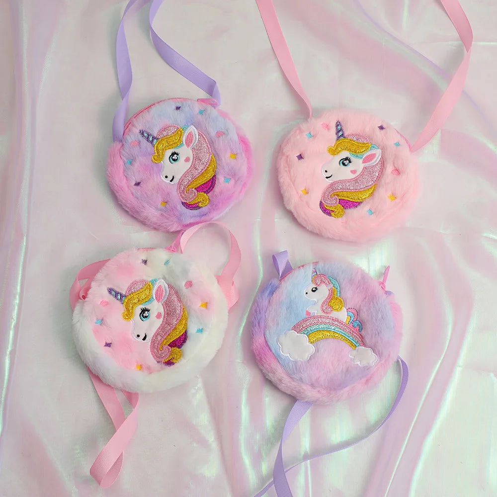 2 PC Cartoon Unicorn Crossbody Bag Children Cute PlushShoulder Bag Girls Small Backpack Suitable For School Holiday Gifts