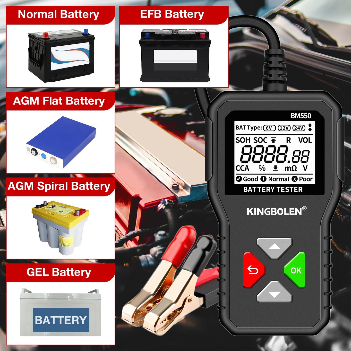 Car Battery Tester 100-2000 CCA Car Battery Tool 6V 12V 24V Car Battery Tester Car Battery Analyzer BM550 Battery Testing Tool
