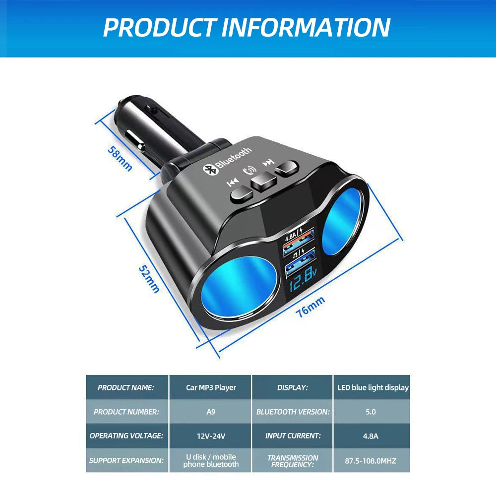 Car Cigarette Lighter Splitter Charger Dual USB QC 3.0 Quick Charge 12V Auto FM Transmitters Bluetooth Hands-free Call Sockets