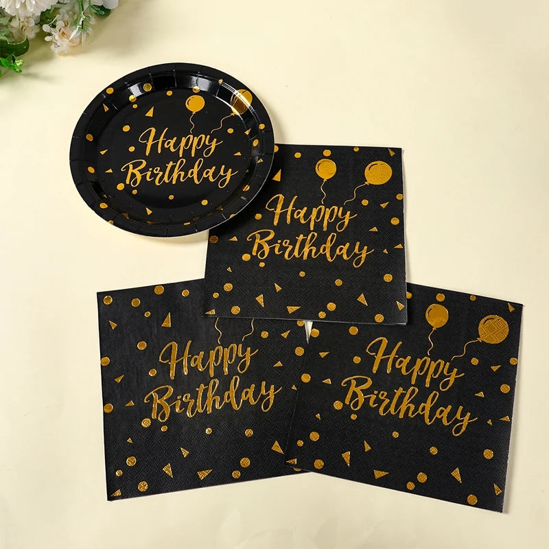Happy Birthday Black Gold Disposable Tableware Birthday Party Decoration Adult Birthday Anniversary Supplies Paper Plate Napkins