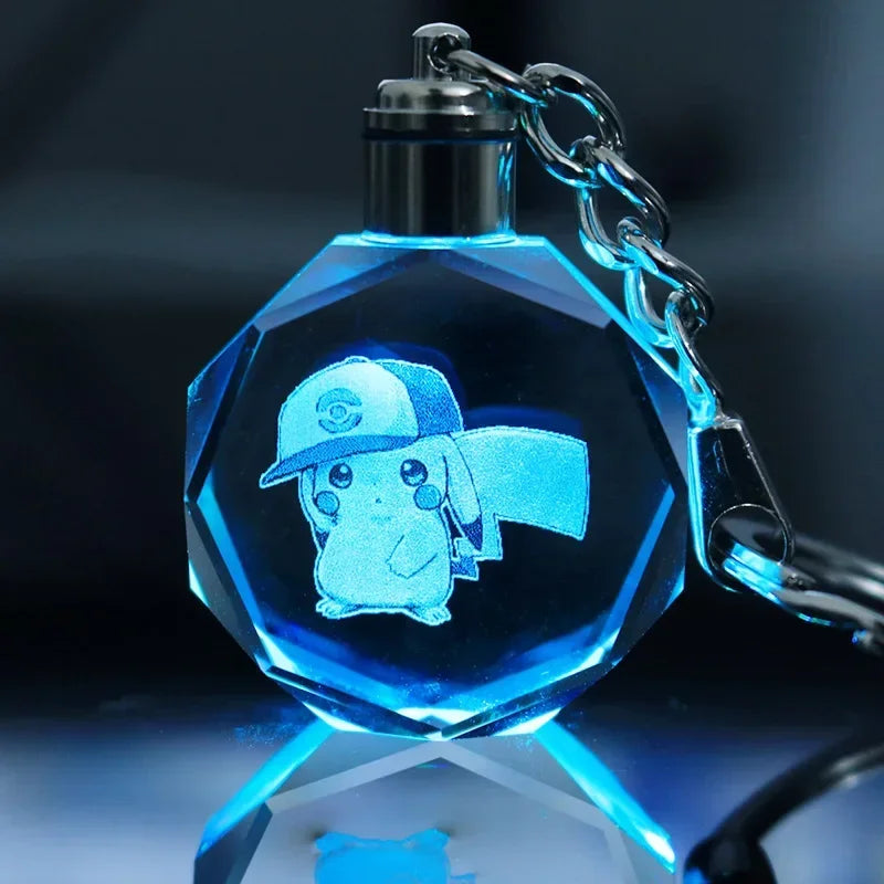Pokemon Pikachu 3D Luminous Keychain Charizard Mewtwo Figures Toy Crystal Doll Night Light Metal Pendant Kid Birthday Gift