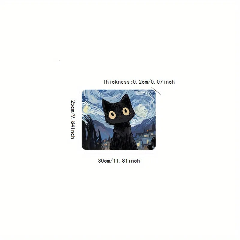 Starry Night mouse pad with cute black cat, study and office use, office accessories, rectangular workstation pad - durable, wat