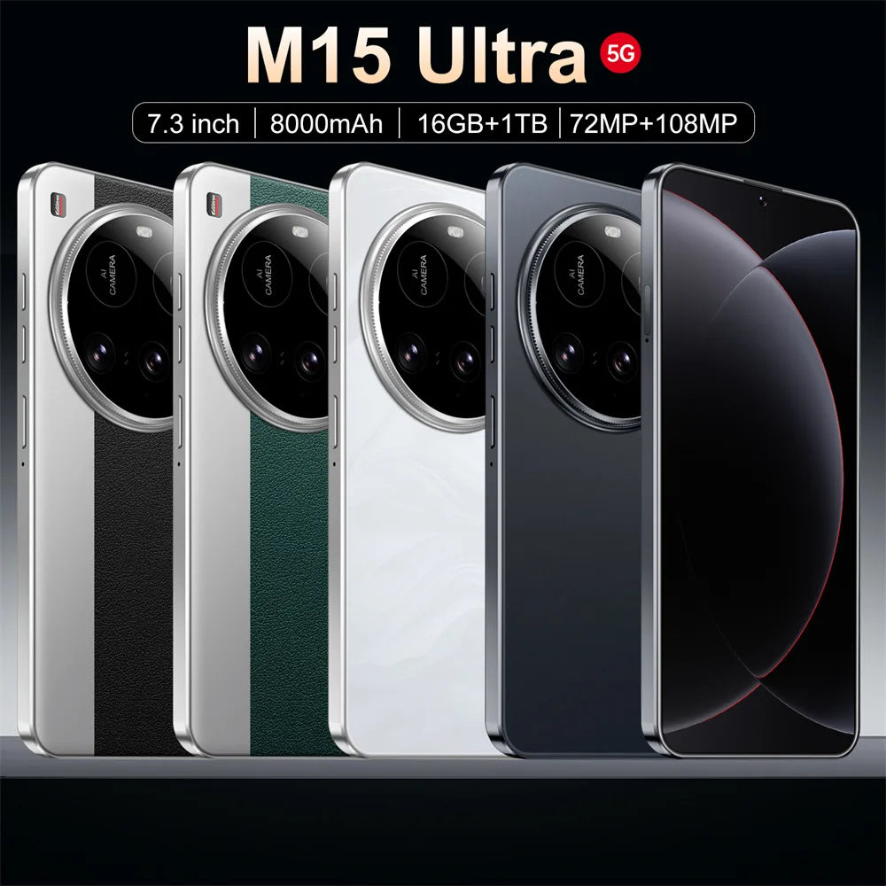 Brand New M15 Ultra Smartphone 7.3inch HD 16GB+1TB Cell Phone 50+108MP Dual SIM 5G Mobile Phones 8000mAh Android15 Unlocked
