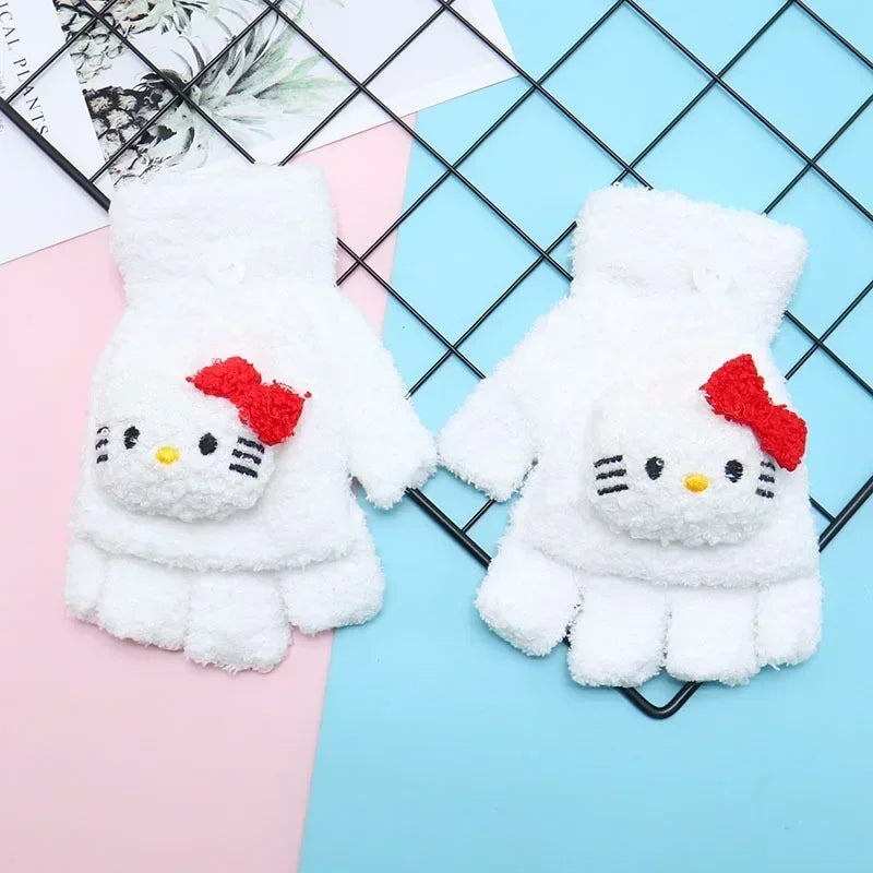 Sanrio Kuromi Childrens' Gloves Kawaii Hello Kitty Y2k Knitted Half-finger Flip Gloves Handwrite Melody Cartoon Cute Students'