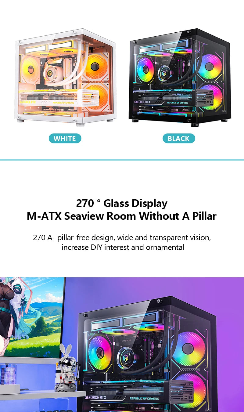 PADO YL M-ATX Gaming PC Case Desktop 270° Sea View Room Computer Case Without A-pillar Double-Sided Transparent PC Gamer Cabinet