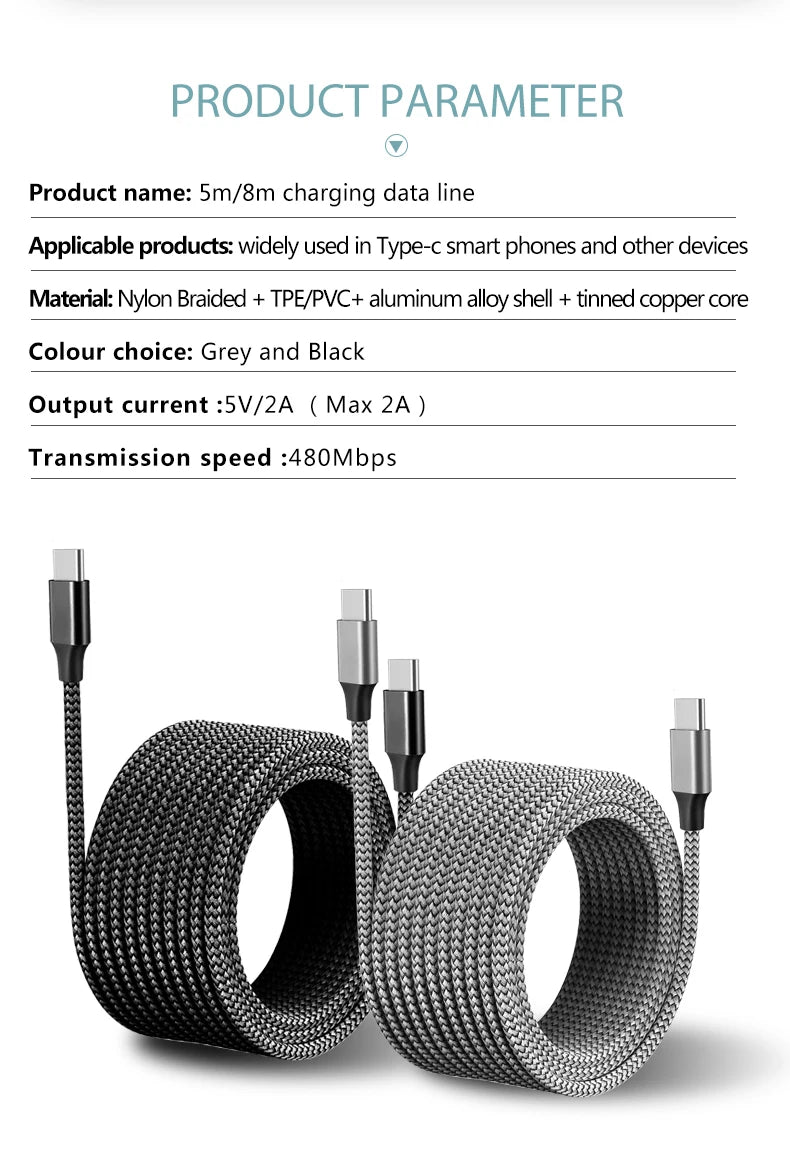 Type C to Type C PD 60W Fast Charging Cable Type C 3m 5m 8m 10m Extending Data Cable for iPhone 15 Pro Max Huawei Xiaomi Samsung