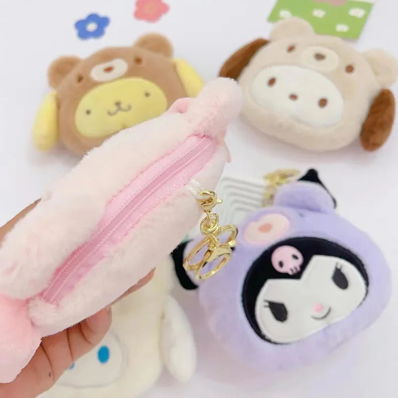 Sanrio Kuromi Plush Keychain Wallet Melody Cinnamoroll Plushies Coin Purse Earphone Organizer Bag Pendant Key Ring Girls Gifts