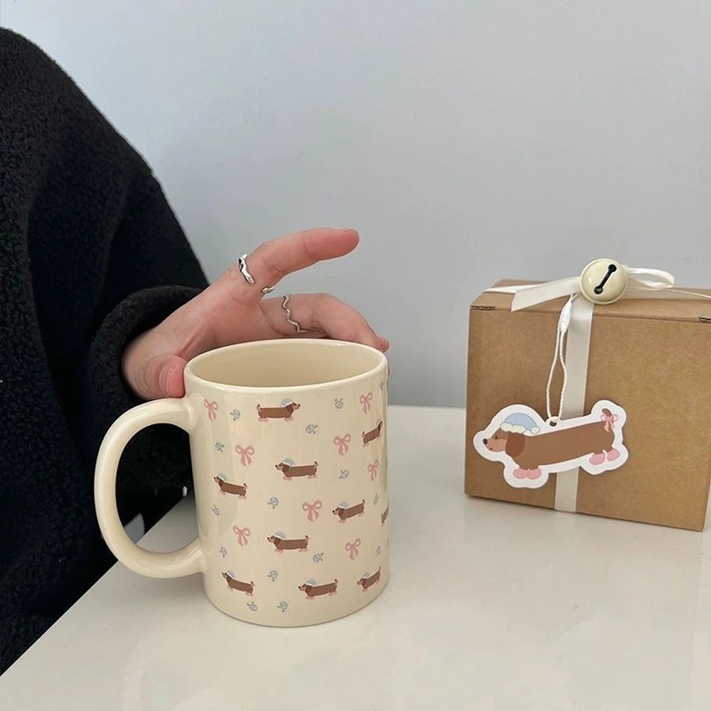 340ml Korean Style Cute Dachshund Pattern Ceramic Mug With Handle Coffee Cup Oatmeal Breakfast Mug Kitchen Drinkware