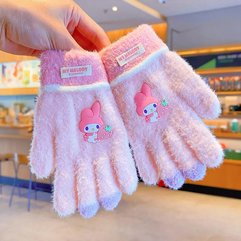 Sanrio Gloves Kawaii My Melody Kuromi Cold-Proof Winter Finger Gloves Plush Screen Touch Warm Children Toddler Christmas Gifts