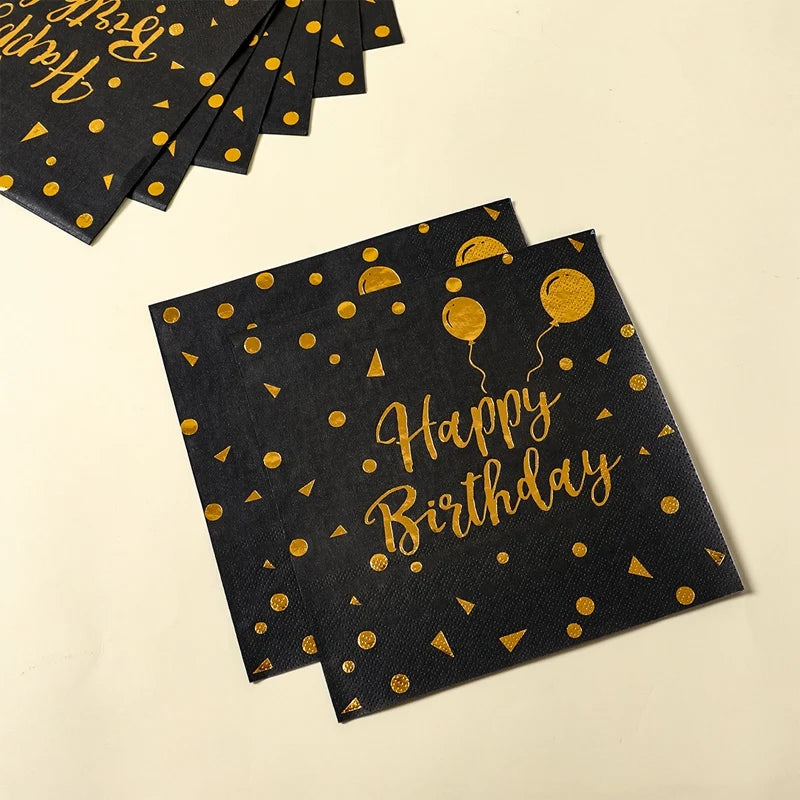 Happy Birthday Black Gold Disposable Tableware Birthday Party Decoration Adult Birthday Anniversary Supplies Paper Plate Napkins