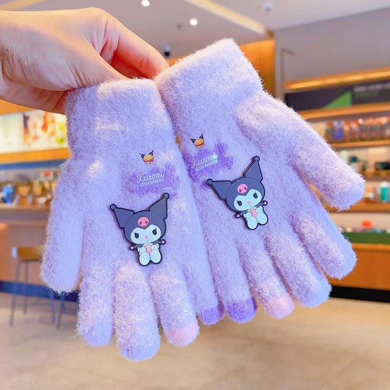 Sanrio Gloves Kawaii My Melody Kuromi Cold-Proof Winter Finger Gloves Plush Screen Touch Warm Children Toddler Christmas Gifts