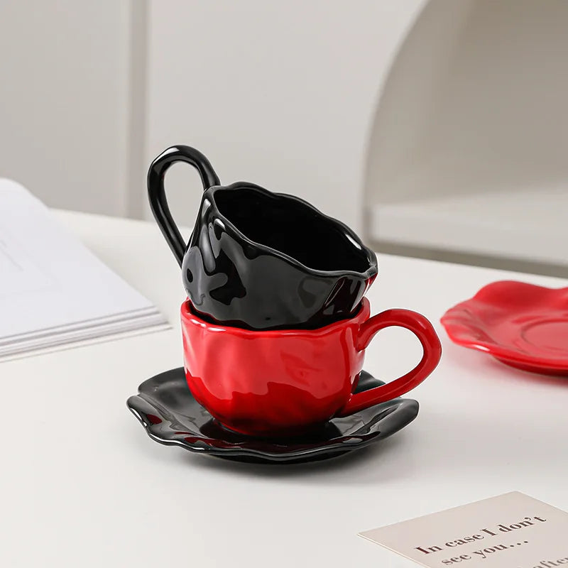 200ml Black Red Macaroon Creative Hand Squeezed Pinched Ceramic Coffee Mug Cup With Saucer For Cafe Restaurant Table Decor 1 PC