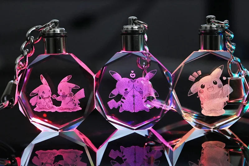 Pokemon Pikachu 3D Luminous Keychain Charizard Mewtwo Figures Toy Crystal Doll Night Light Metal Pendant Kid Birthday Gift