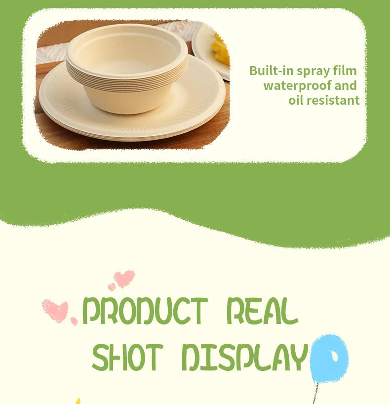 20/40pcs Disposable Paper Bowls Natural Sugarcane Paper Soup Bowls Desserts Fruit Salads Food Containers Party Dinner Plate Set