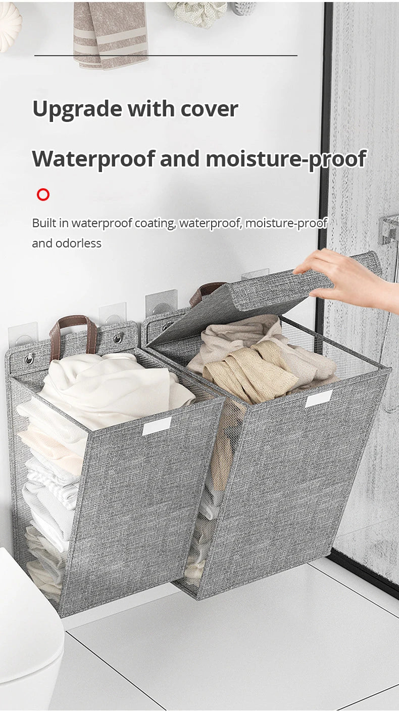 1pc Foldable Adhesive Laundry Basket Hamper, Multifunctional Punch Free Wall Hanging Washing Clothes Mesh Hook Organizer