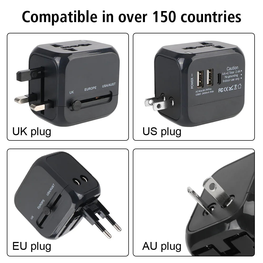 All-in-one Wall Charger  Travel Adapter 6A US EU UK AU plug Travel Charger with 2 USB Port and 1 Type C Universal