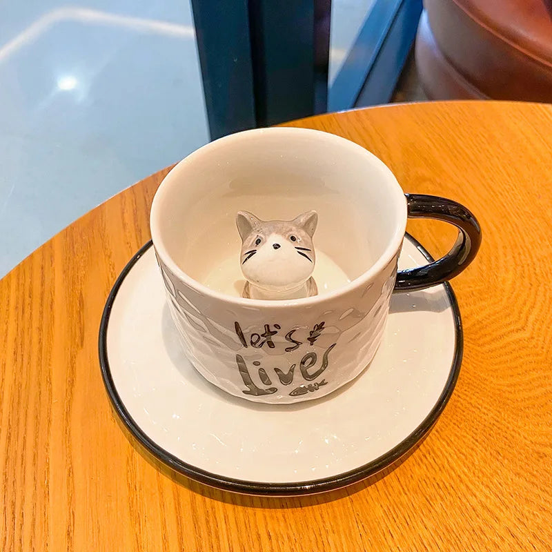 Creative Cartoon Relief Ceramic Cup Animal Inside Mug Kitty Cat Coffee Cup Milk Coffee Mug with Tray