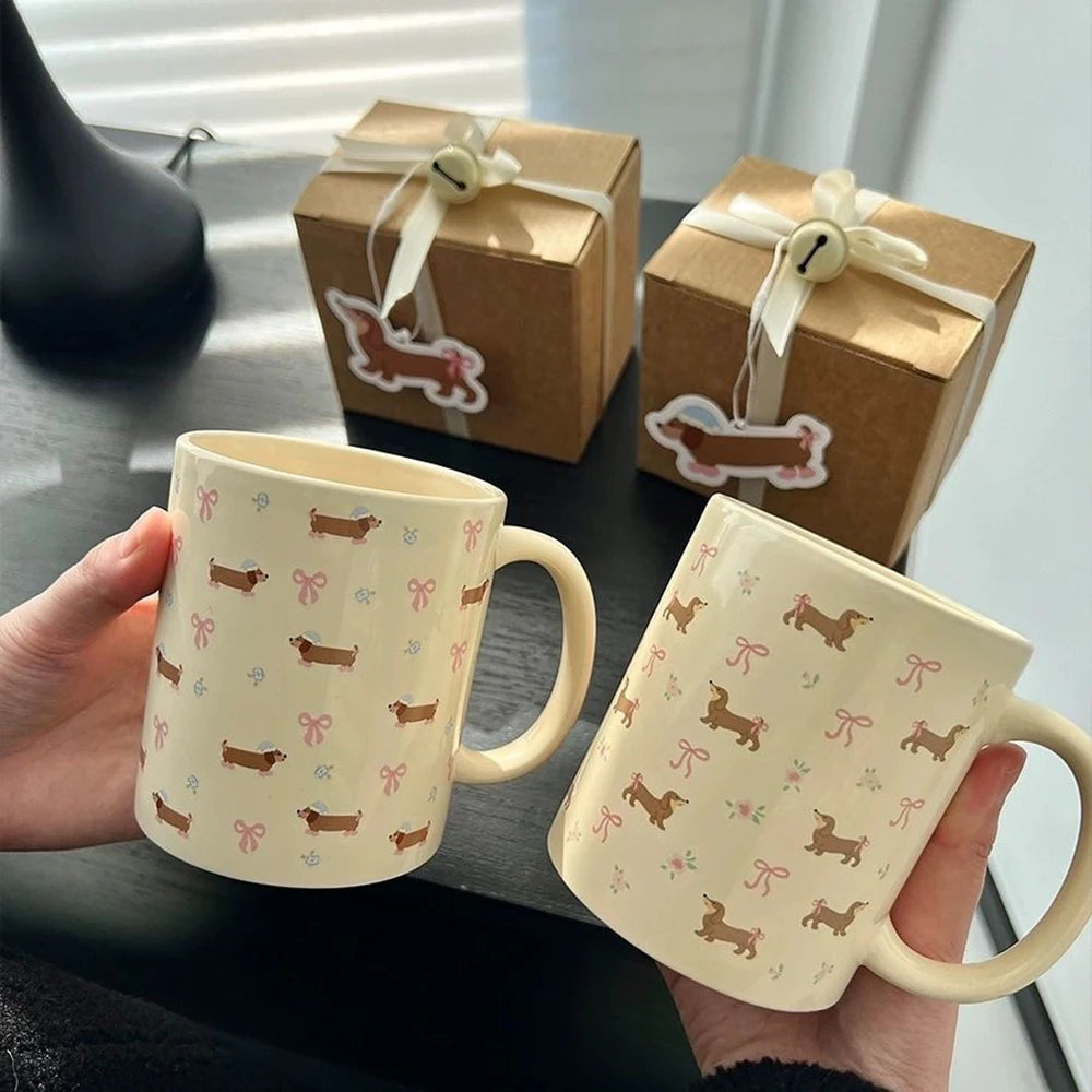 340ml Korean Style Cute Dachshund Pattern Ceramic Mug With Handle Coffee Cup Oatmeal Breakfast Mug Kitchen Drinkware