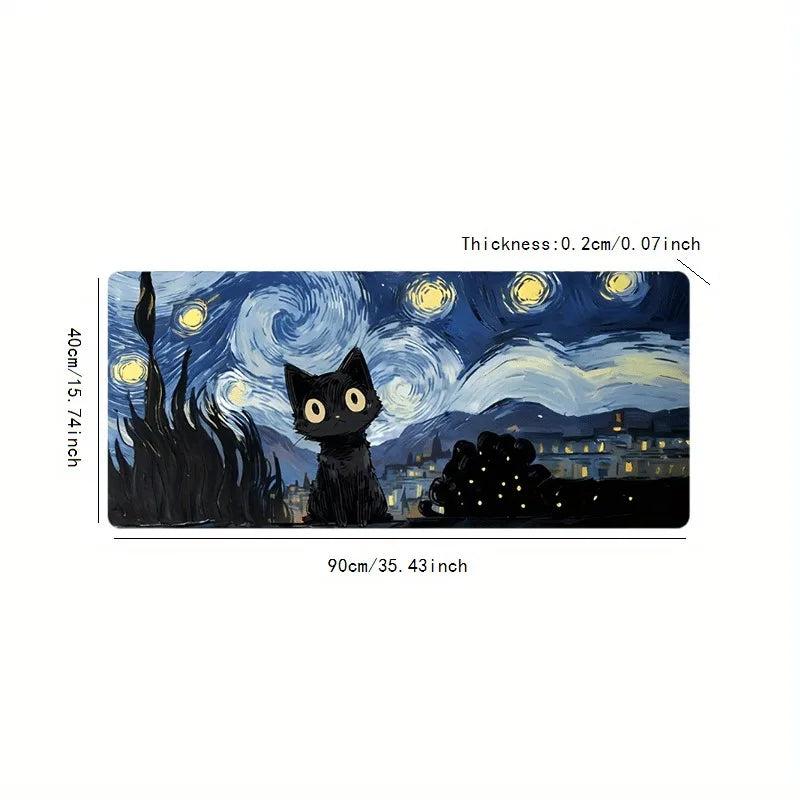 Starry Night mouse pad with cute black cat, study and office use, office accessories, rectangular workstation pad - durable, wat
