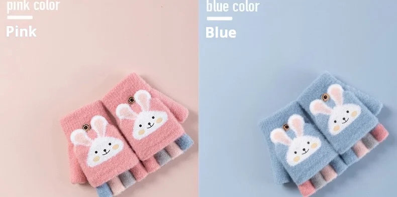 4-11 year old cartoon bunny five finger children's gloves winter thick half finger flip knitted gloves winter new warm gloves
