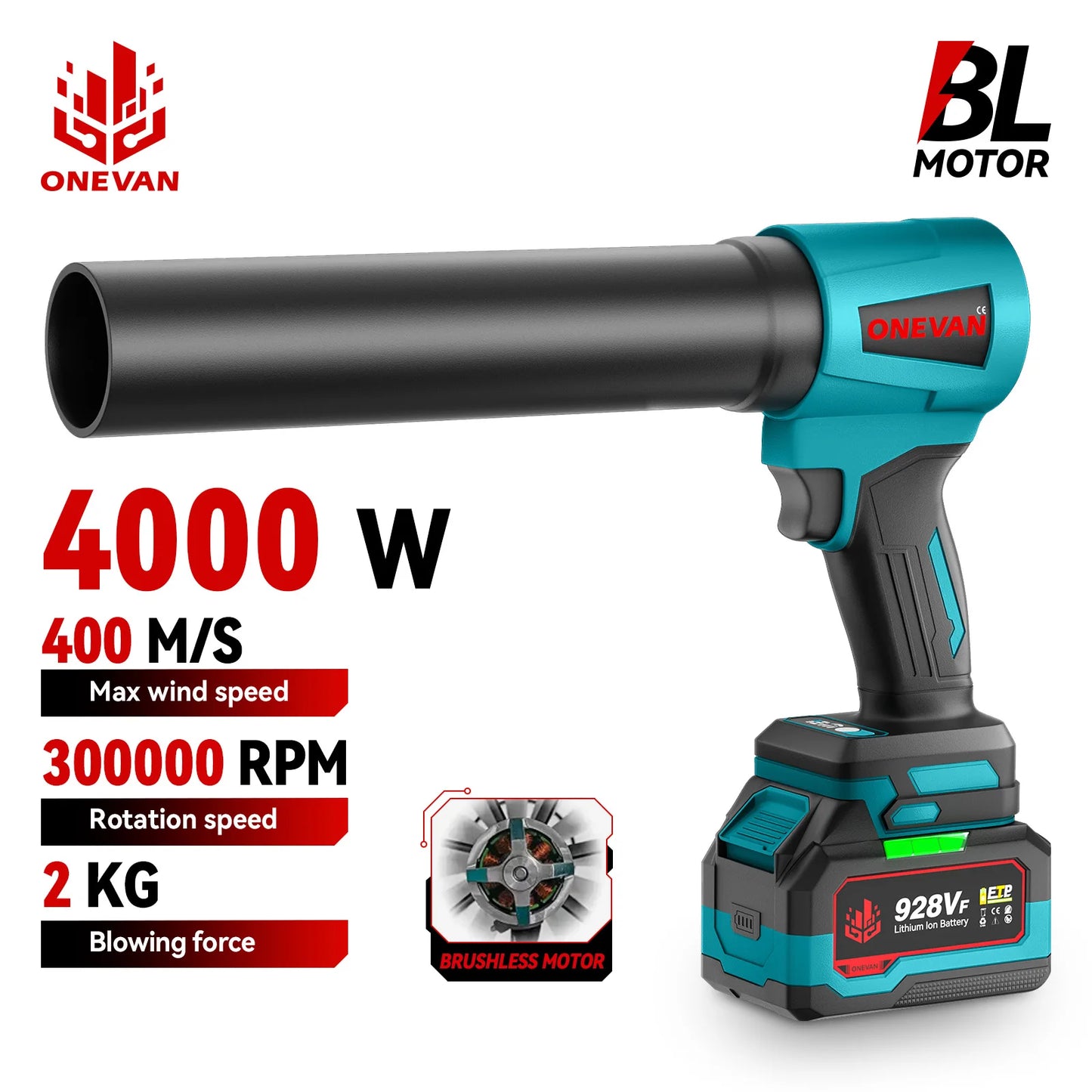 ONEVAN 4000W Brushless Electric Turbo Blower Jet Fan 400M/S 300000RPM Handheld Leaf Blower Dust Blowing Tool for 21V 18V Battery