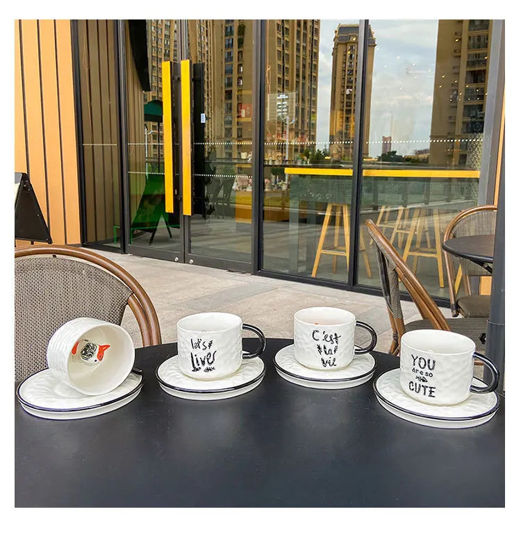 Creative Cartoon Relief Ceramic Cup Animal Inside Mug Kitty Cat Coffee Cup Milk Coffee Mug with Tray
