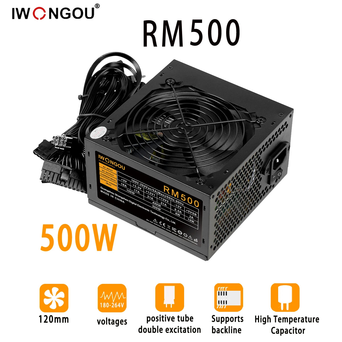 IWONGOU PC Power Supply Unit 500W 600W 750W Black Gaming Quiet 120MM 24pin 12V ATX Desktop Computer Power Supply for BTC