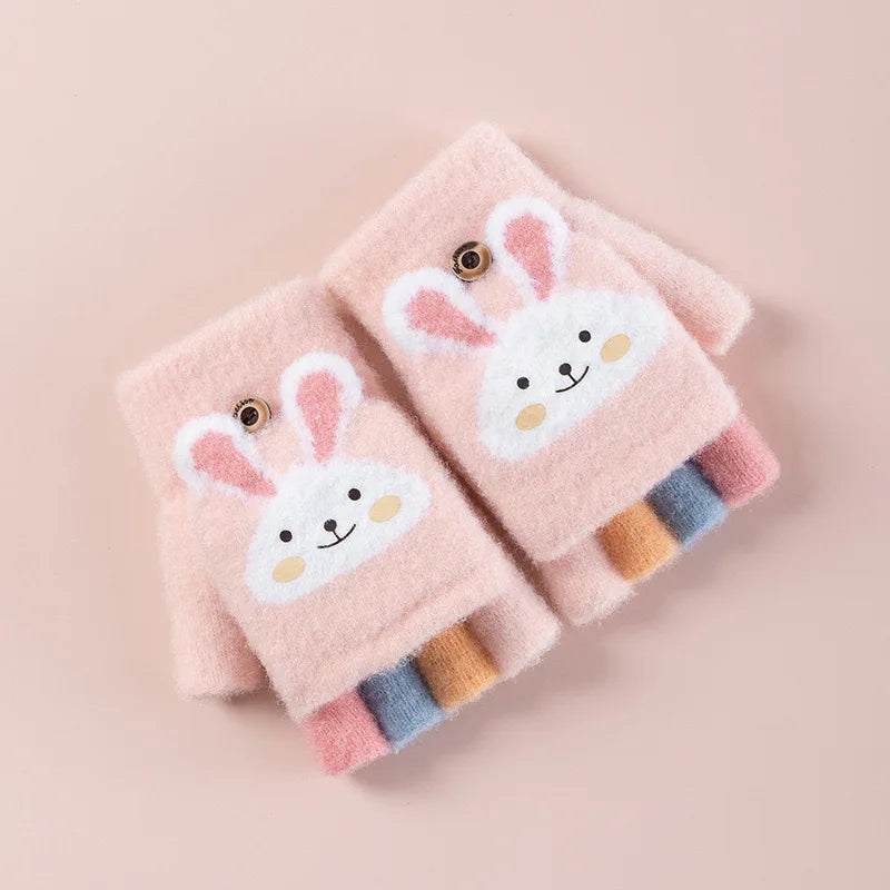 4-11 year old cartoon bunny five finger children's gloves winter thick half finger flip knitted gloves winter new warm gloves