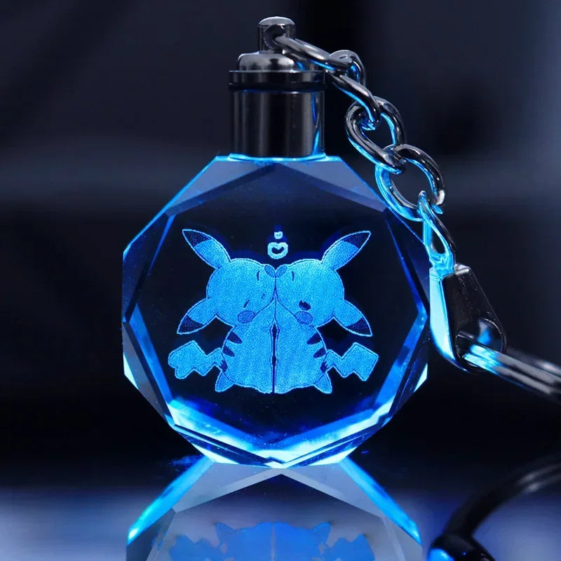 Pokemon Pikachu 3D Luminous Keychain Charizard Mewtwo Figures Toy Crystal Doll Night Light Metal Pendant Kid Birthday Gift