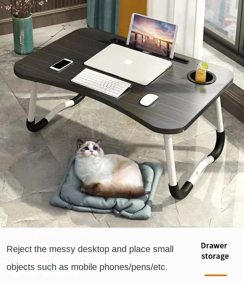 Foldable Laptop Table for Bed & Office Study Portable Black Brushed Modern Simple Design with Drawers Lazy Folding Desk